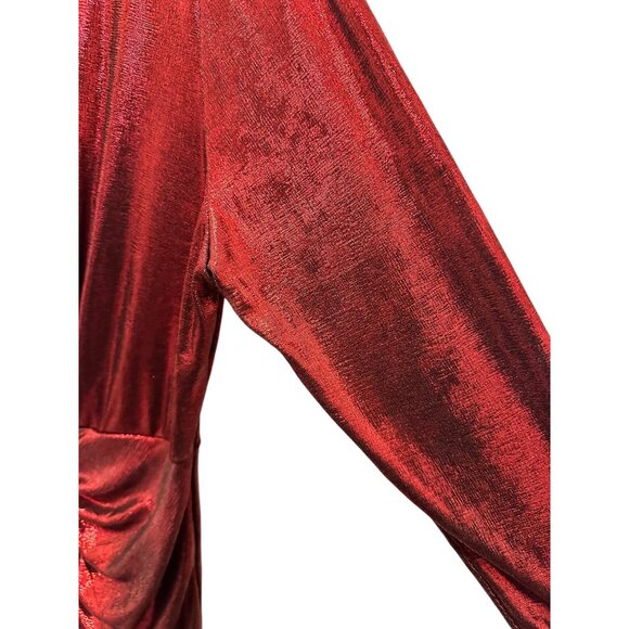 ✌️ 2/$40 ✌️ Red Shimmery Plunging Neck Ruched Body Con Dress sz L - Picture 4 of 8